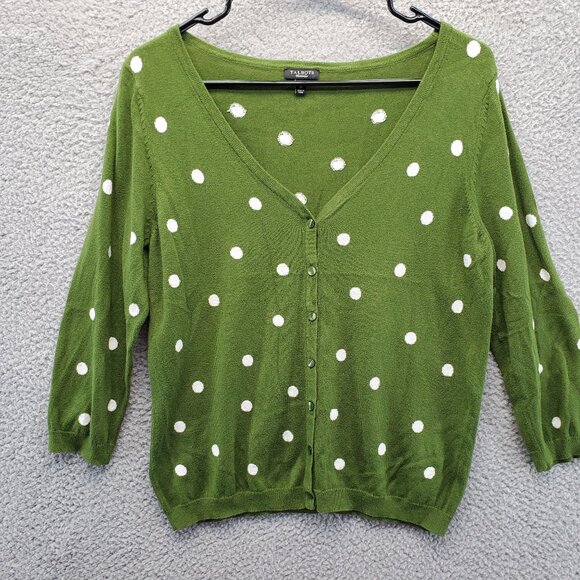 Talbots Sweaters - Talbots Cardigan Sweater Women's V-Neck Green White Polka Dot Buttons